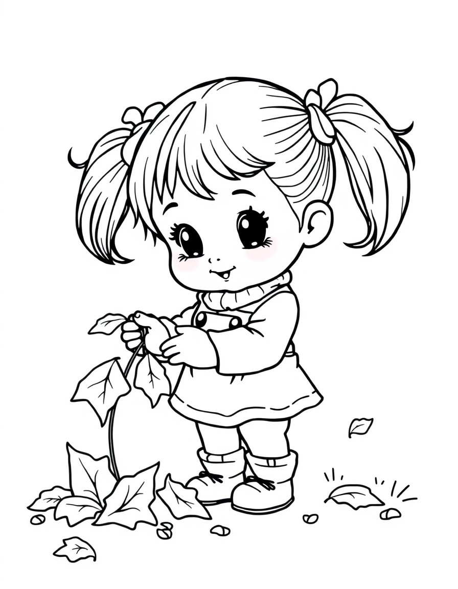 cute girl toddler with pig tails picking up fallen leaves