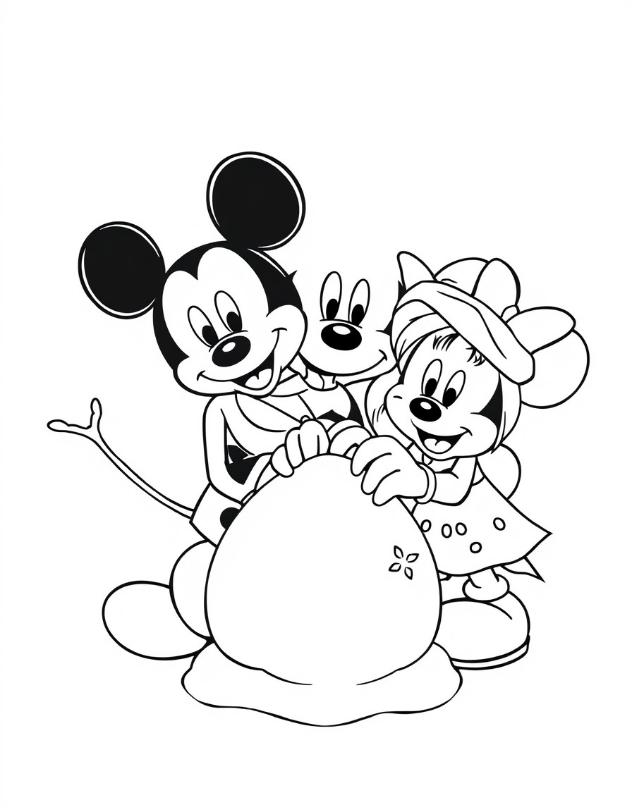 mickey mouse y minie mouse haciendo muecos de nieve con elsa y ana de frozen y olaf