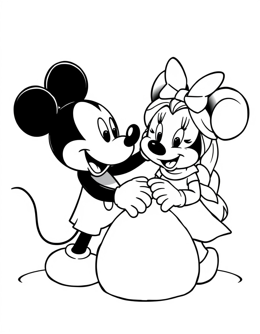 mickey mouse y minie mouse haciendo muecos de nieve con elsa y ana de frozen y olaf