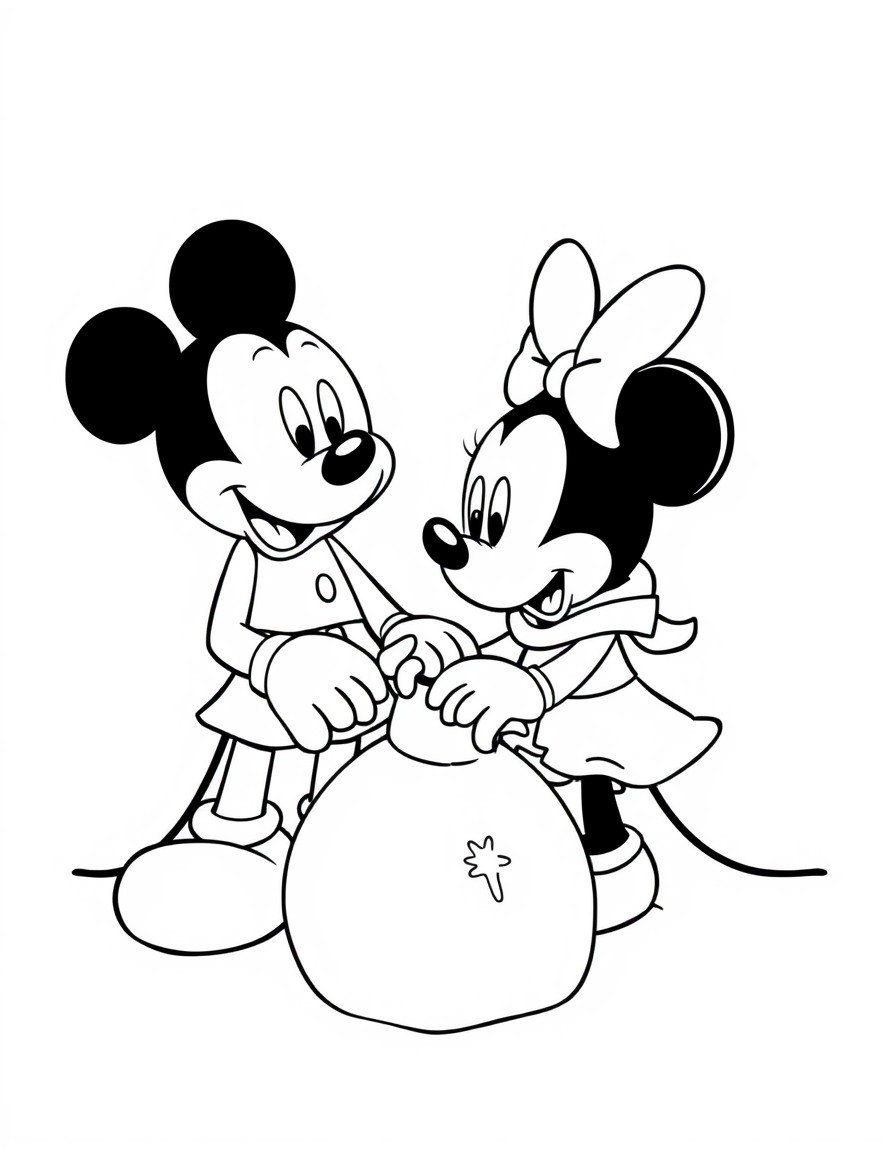 mickey mouse y minie mouse haciendo muecos de nieve con elsa y ana de frozen y olaf