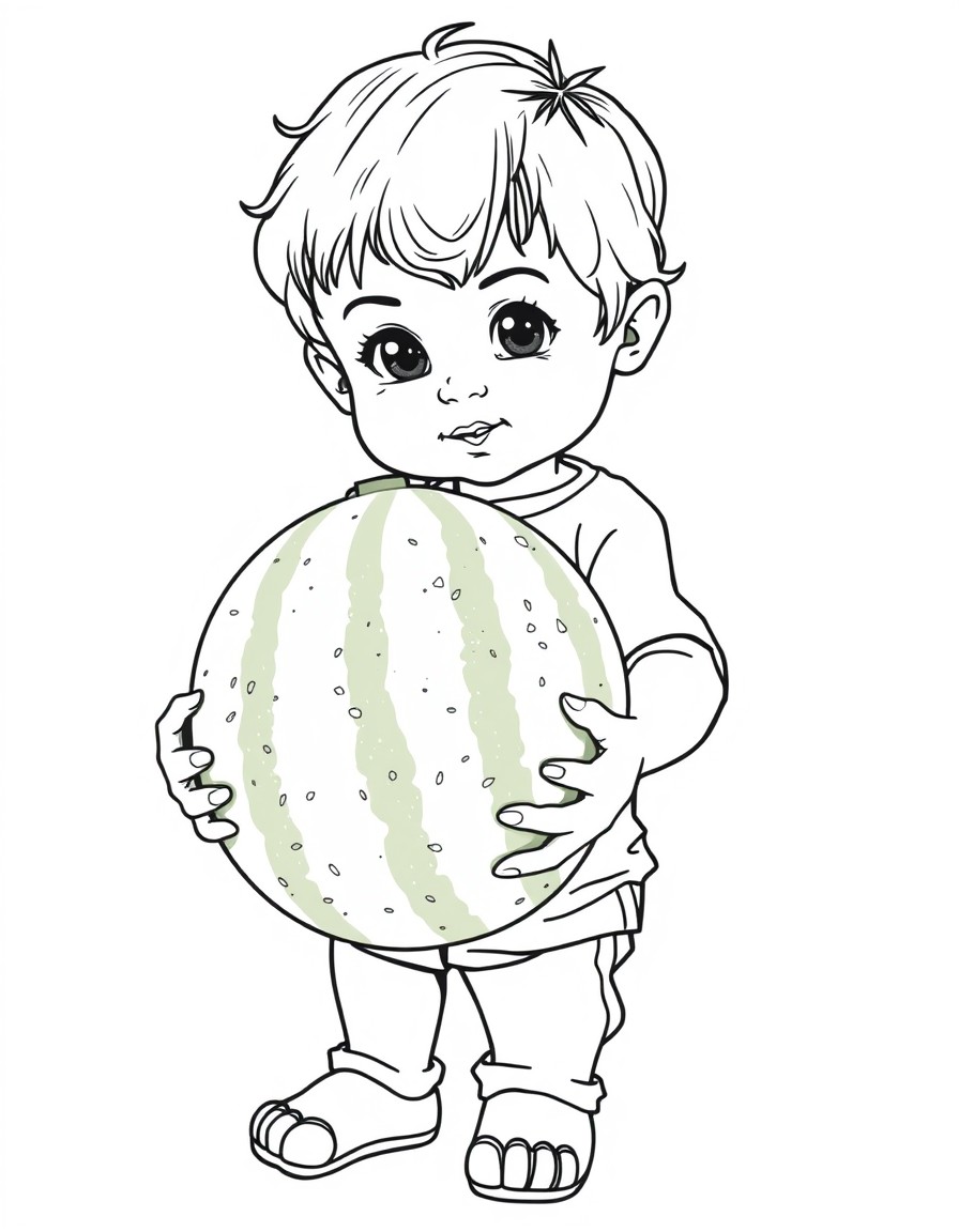 A child holding a watermelon in his hand