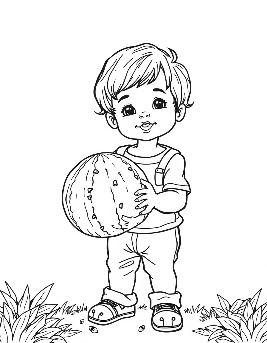 A child holding a watermelon in his hand