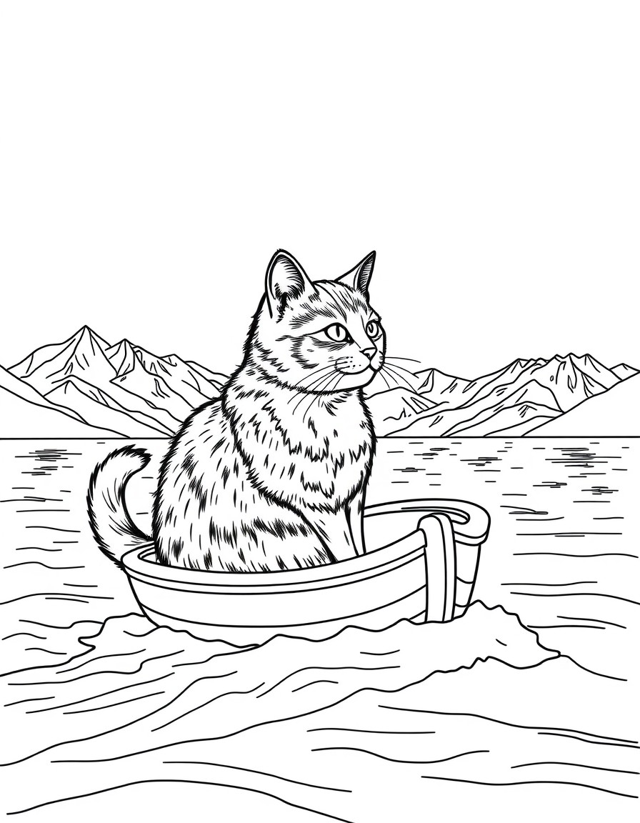 Cat sailing a tiny boat toward distant mountains
