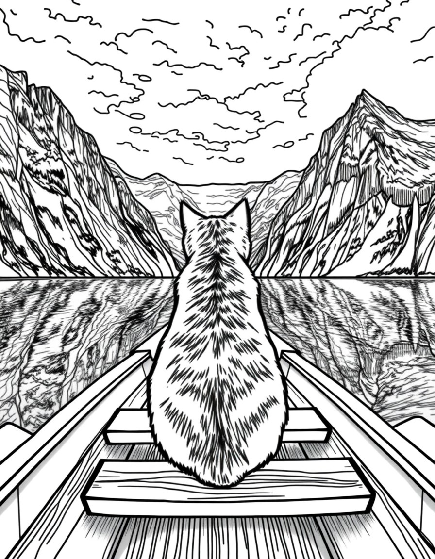 A cat with its back turned sits calmly in a wooden boat on a majestic fjord. Dramatic cliffs, reflections, and a cloudy sky set the mood.