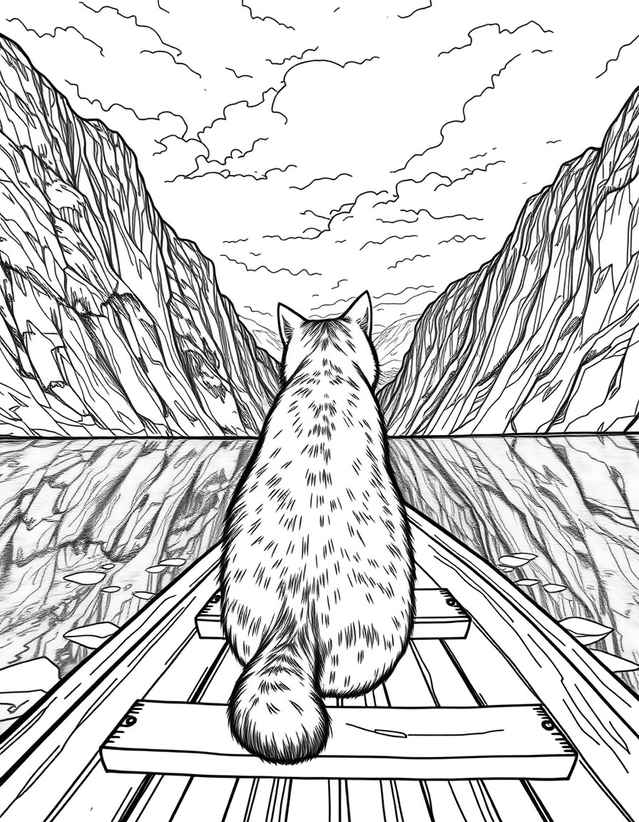A cat with its back turned sits calmly in a wooden boat on a majestic fjord. Dramatic cliffs, reflections, and a cloudy sky set the mood.