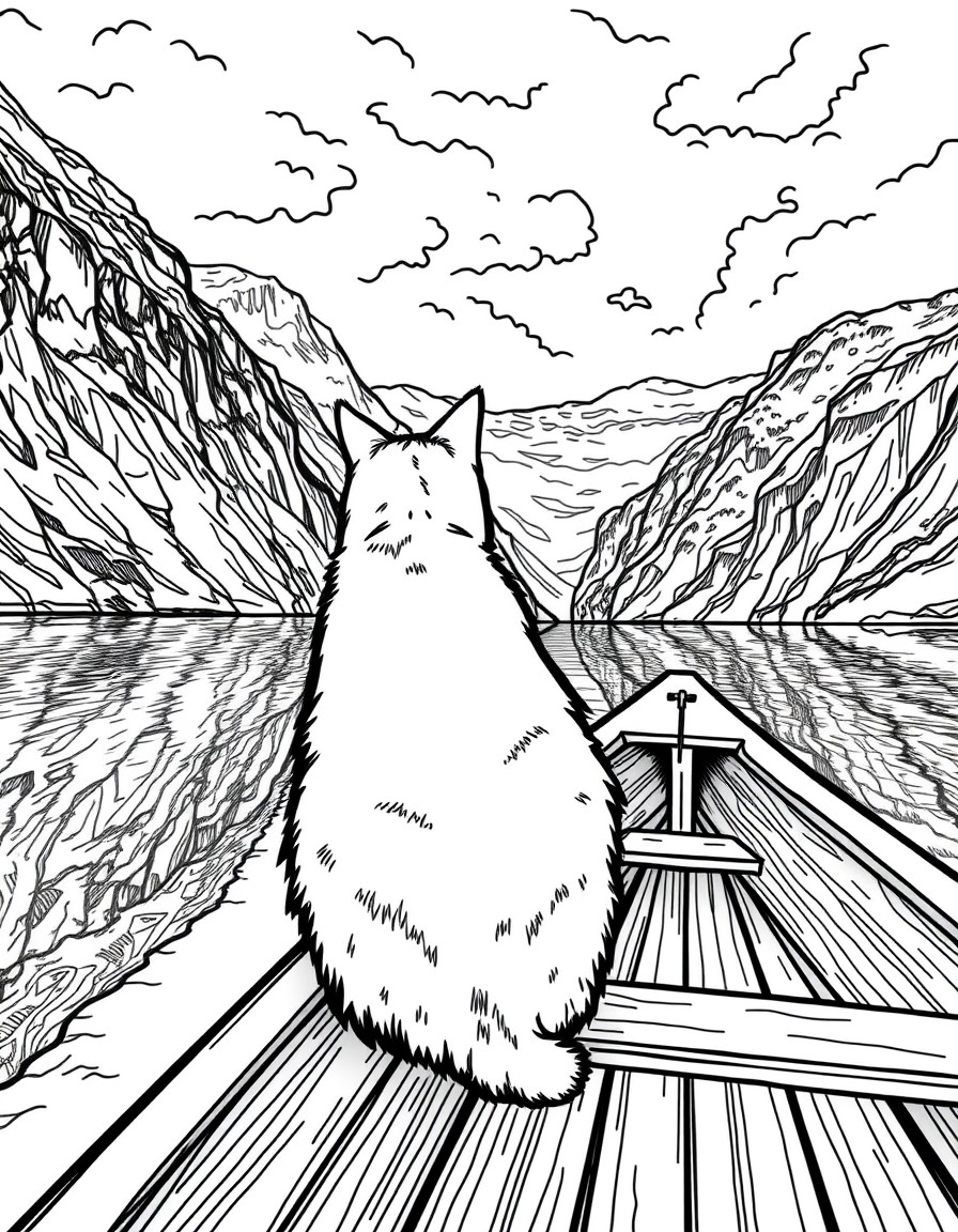 A cat with its back turned sits calmly in a wooden boat on a majestic fjord. Dramatic cliffs, reflections, and a cloudy sky set the mood.
