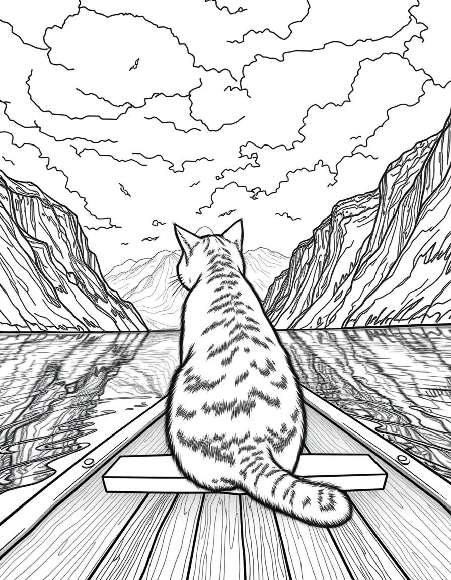 A cat with its back turned sits calmly in a wooden boat on a majestic fjord. Dramatic cliffs, reflections, and a cloudy sky set the mood.