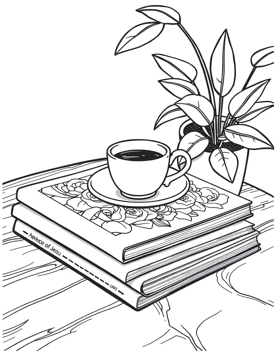 A table arrangement featuring a small white cup of coffee atop a stack of magazines, with a leafy plant in the background. The scene conveys a cozy, inviting atmosphere perfect for relaxation or leisu