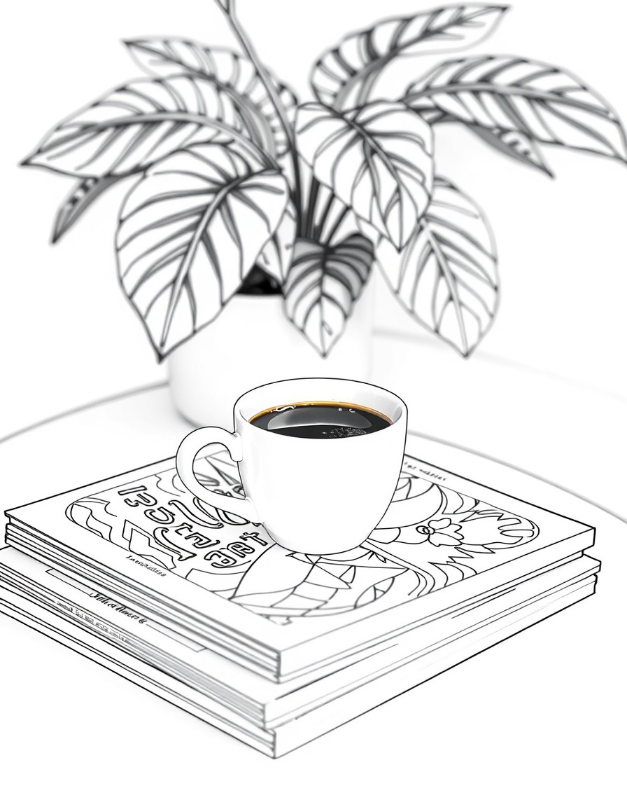 A table arrangement featuring a small white cup of coffee atop a stack of magazines, with a leafy plant in the background. The scene conveys a cozy, inviting atmosphere perfect for relaxation or leisu
