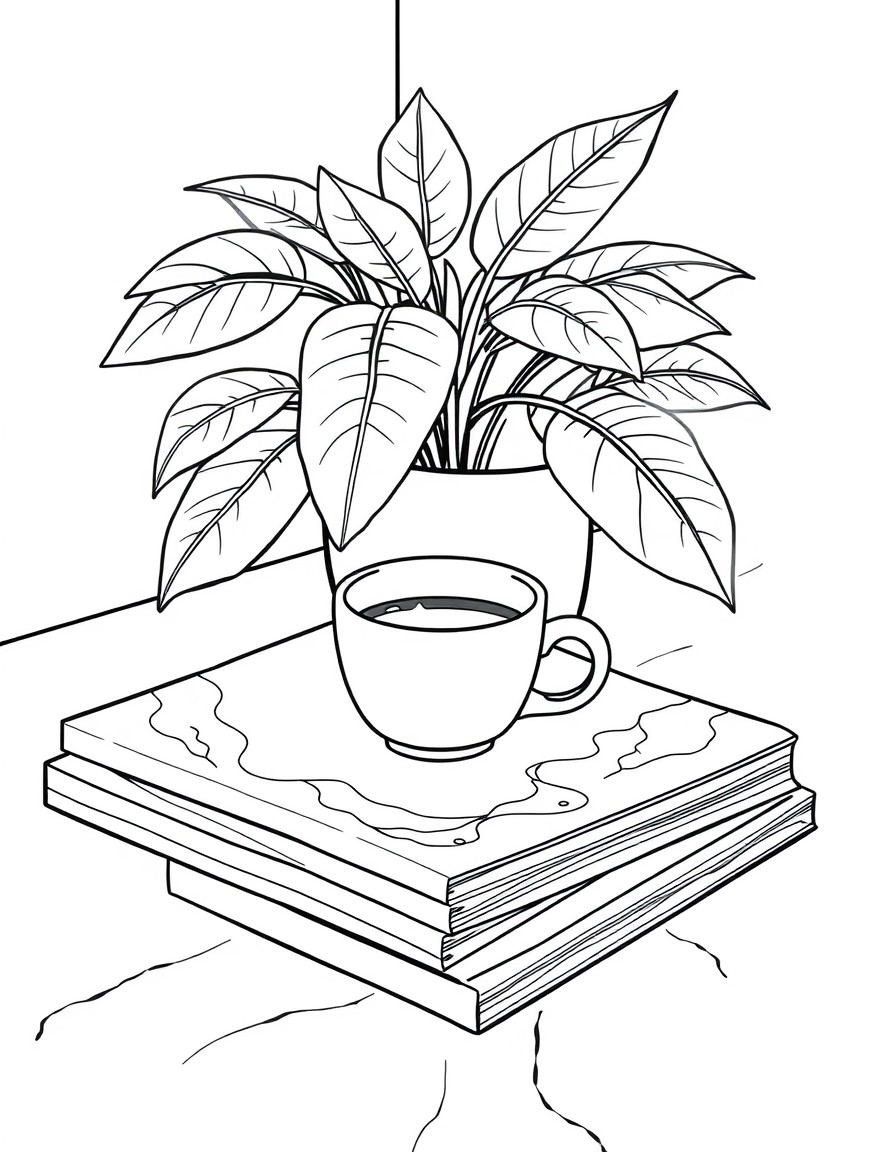A table arrangement featuring a small white cup of coffee atop a stack of magazines, with a leafy plant in the background. The scene conveys a cozy, inviting atmosphere perfect for relaxation or leisu
