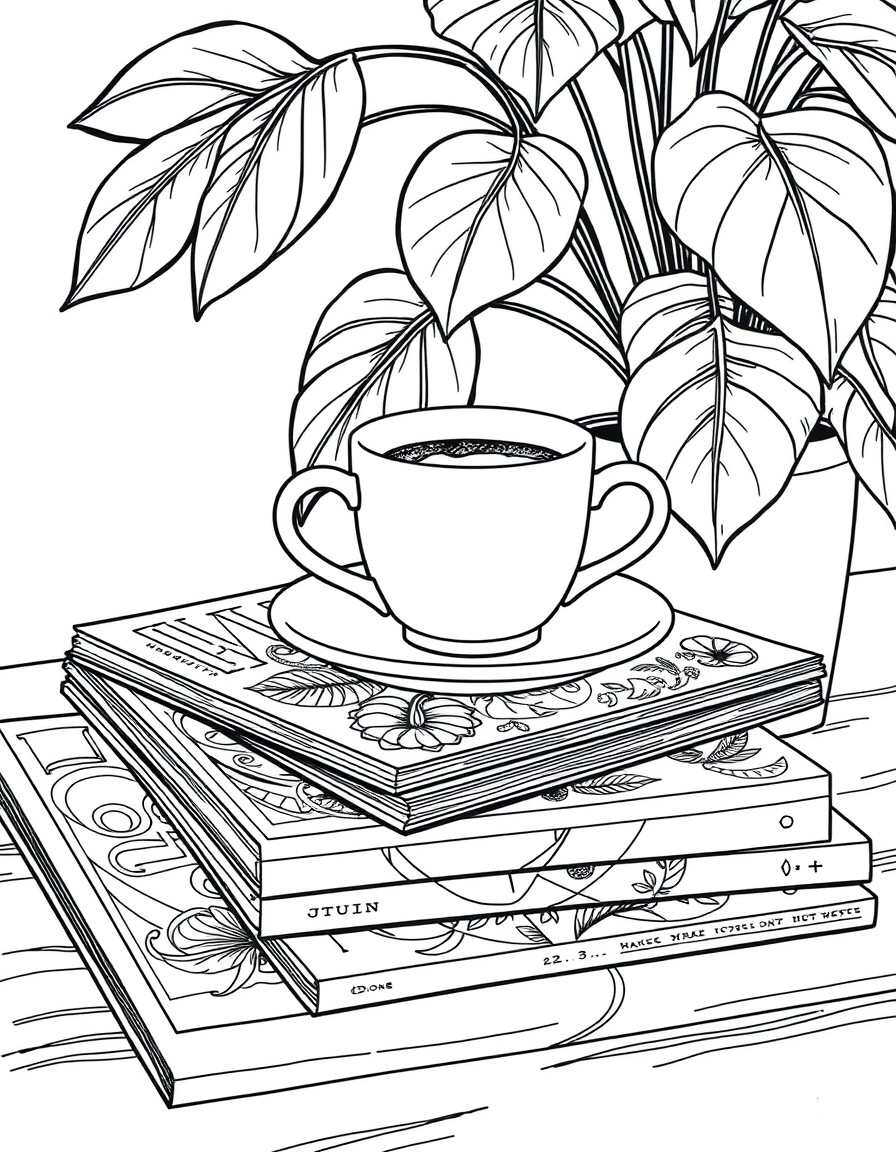 A table arrangement featuring a small white cup of coffee atop a stack of magazines, with a leafy plant in the background. The scene conveys a cozy, inviting atmosphere perfect for relaxation or leisu