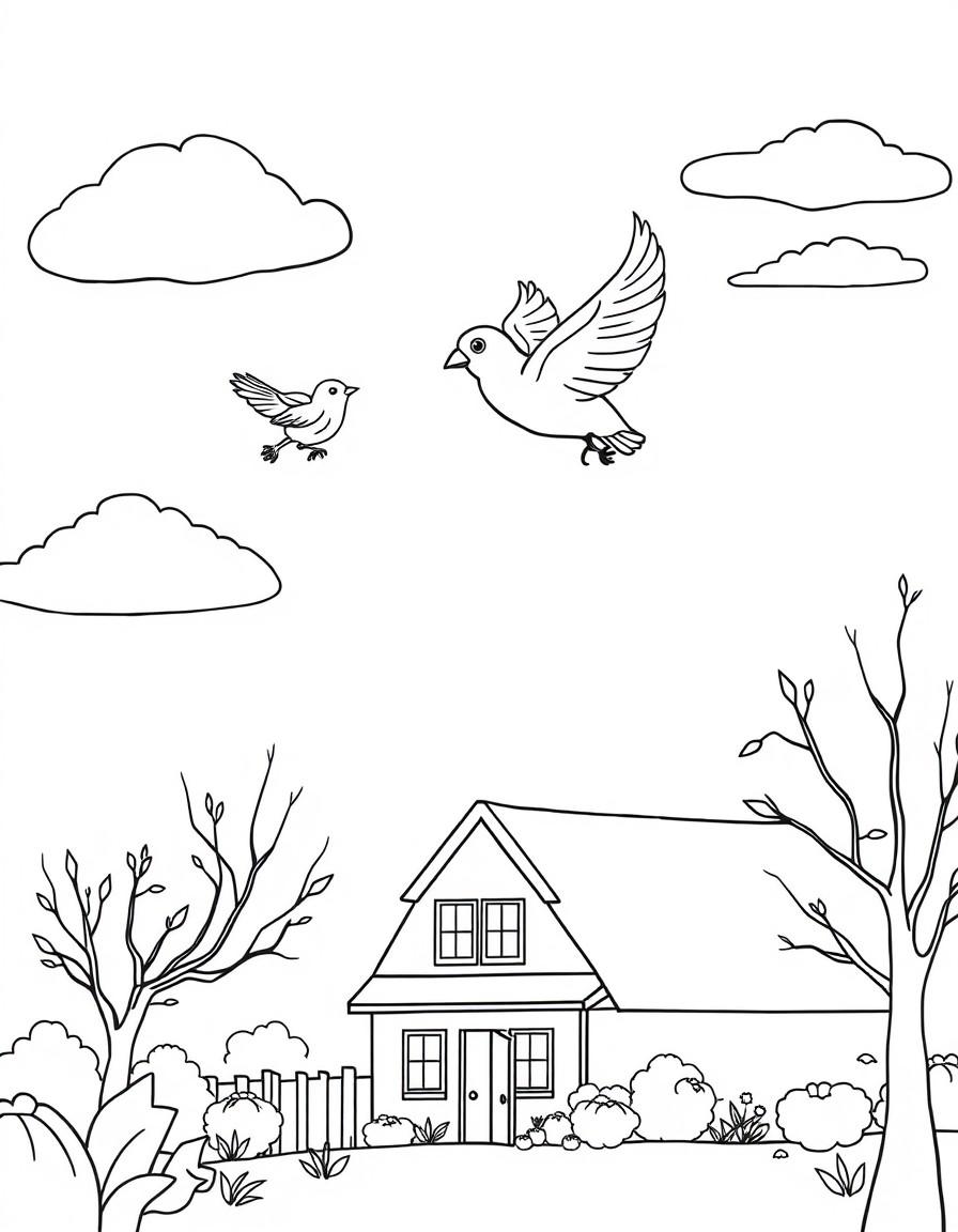 "A small bird and a big bird are flying in the sky above the kindergarten during autumn."