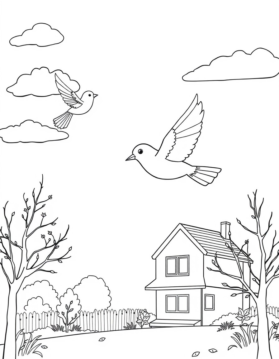 "A small bird and a big bird are flying in the sky above the kindergarten during autumn."