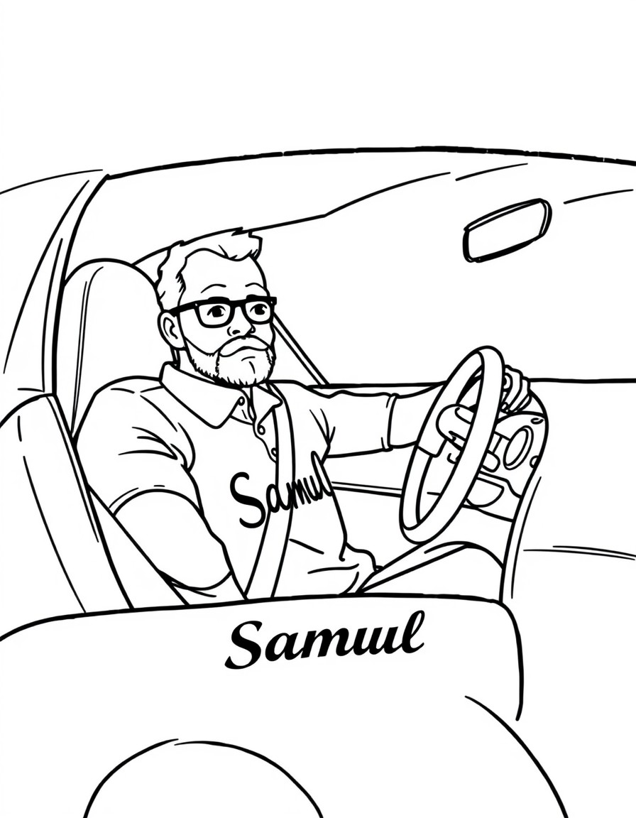 A man driving a Bugatti Chevron with Samuel written in black on his white shirt