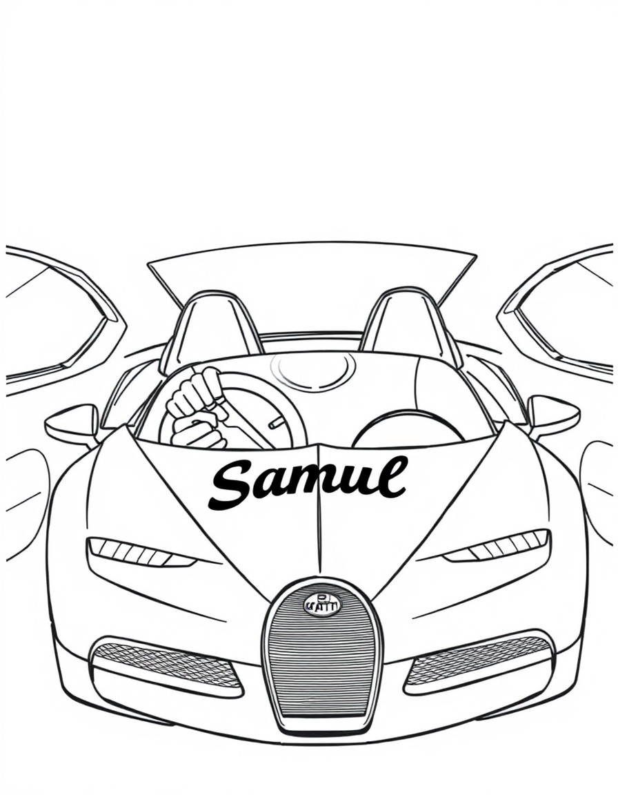 A man driving a Bugatti Chevron with Samuel written in black on his white shirt