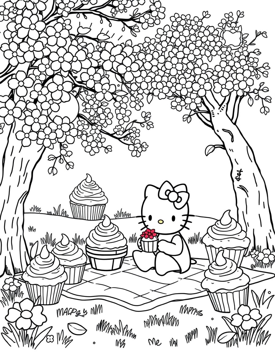 Hello Kitty having a picnic under cherry blossom trees with giant cupcakes
