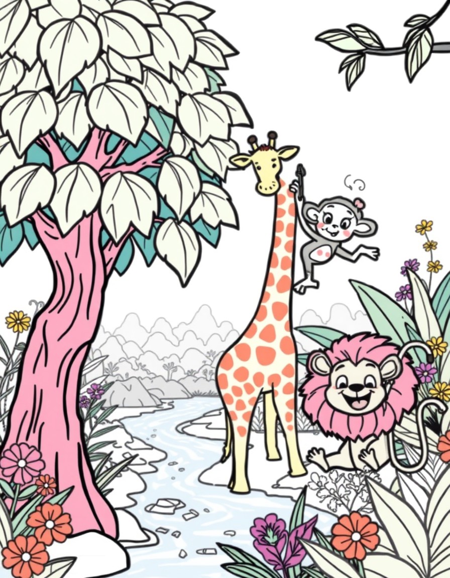 Picture a vibrant jungle scene with a playful lion a gentle giraffe and a cheeky monkey swinging from the trees. In the background there are tall leafy trees colorful flowers and a sparkling river. So