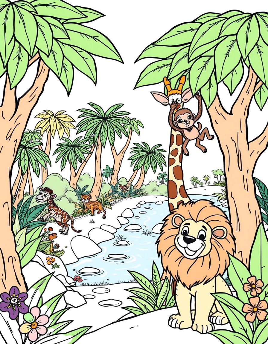 Picture a vibrant jungle scene with a playful lion a gentle giraffe and a cheeky monkey swinging from the trees. In the background there are tall leafy trees colorful flowers and a sparkling river. So