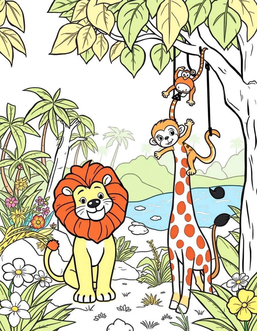 Picture a vibrant jungle scene with a playful lion a gentle giraffe and a cheeky monkey swinging from the trees. In the background there are tall leafy trees colorful flowers and a sparkling river. So