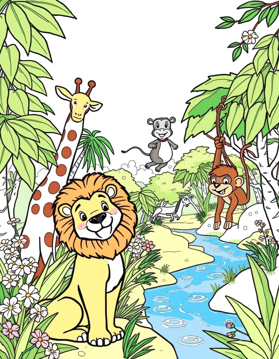 Picture a vibrant jungle scene with a playful lion a gentle giraffe and a cheeky monkey swinging from the trees. In the background there are tall leafy trees colorful flowers and a sparkling river. So