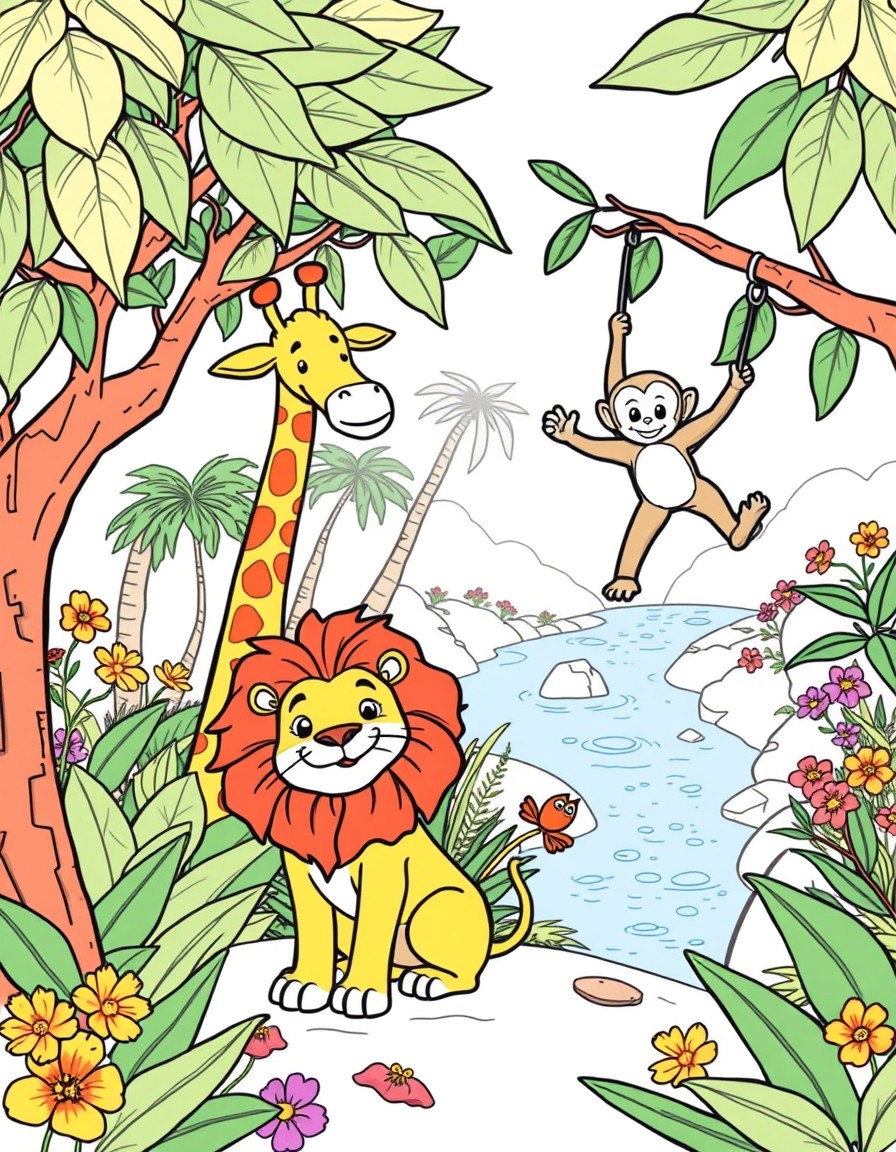 Picture a vibrant jungle scene with a playful lion a gentle giraffe and a cheeky monkey swinging from the trees. In the background there are tall leafy trees colorful flowers and a sparkling river. So