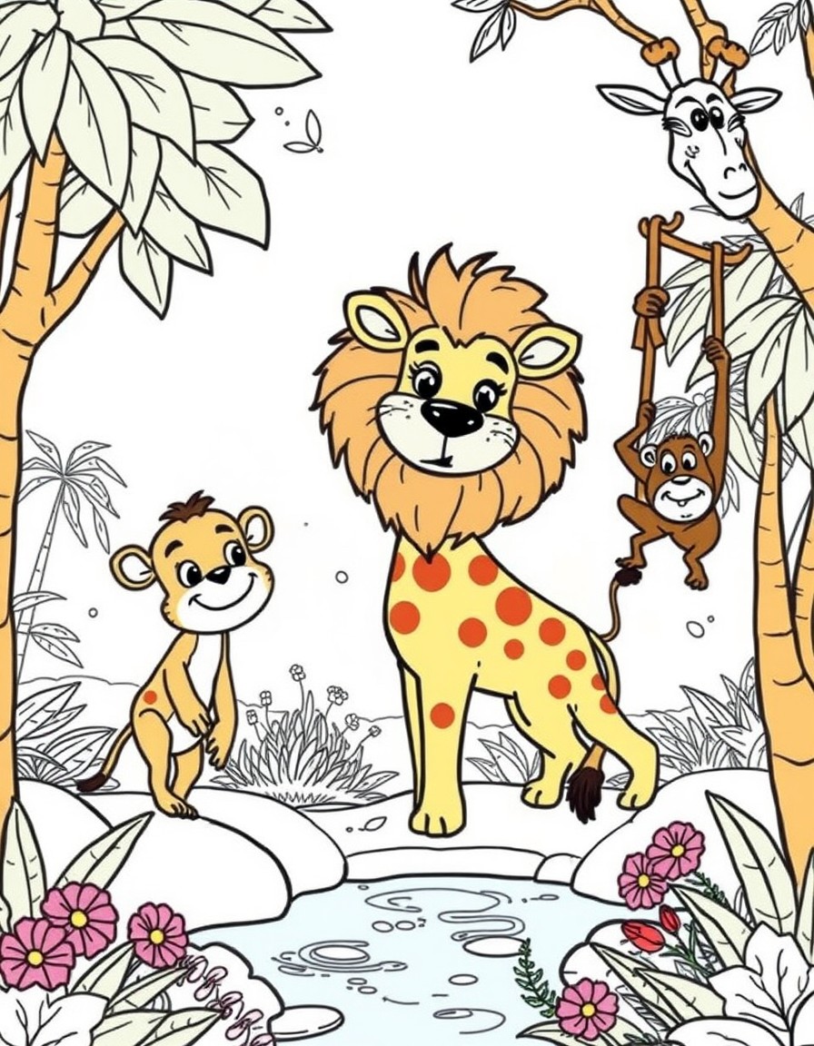 Picture a vibrant jungle scene with a playful lion a gentle giraffe and a cheeky monkey swinging from the trees. In the background there are tall leafy trees colorful flowers and a sparkling river. So