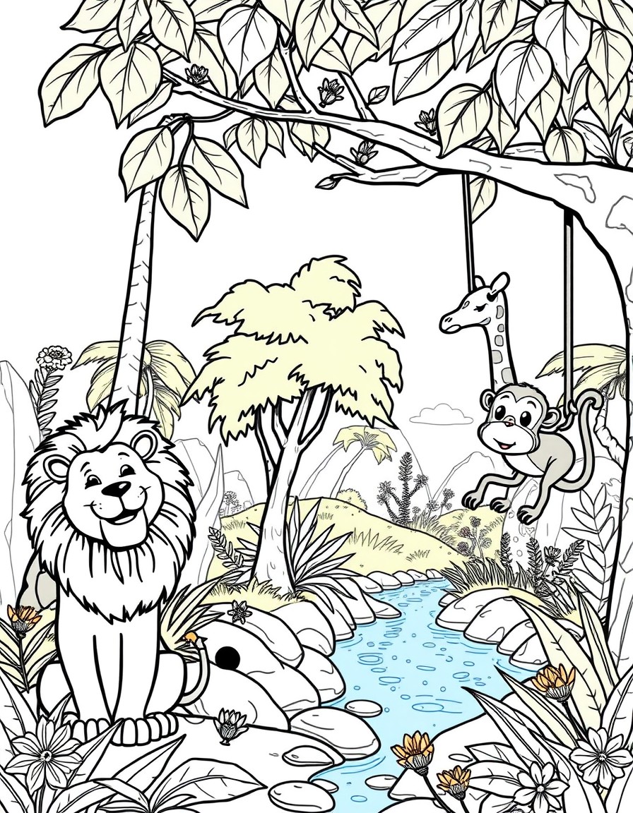 Picture a vibrant jungle scene with a playful lion a gentle giraffe and a cheeky monkey swinging from the trees. In the background there are tall leafy trees colorful flowers and a sparkling river. So