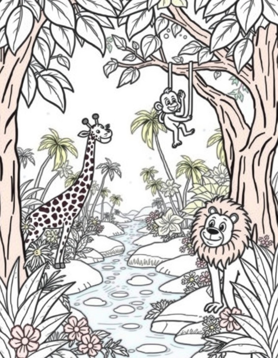 Picture a vibrant jungle scene with a playful lion a gentle giraffe and a cheeky monkey swinging from the trees. In the background there are tall leafy trees colorful flowers and a sparkling river. So