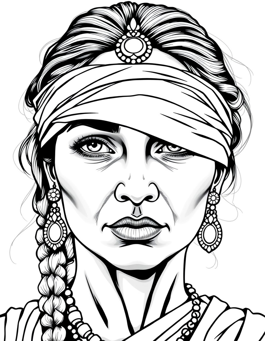 Close-up of Indian Lady Justices Face with blindfold, showing fine details of her features.