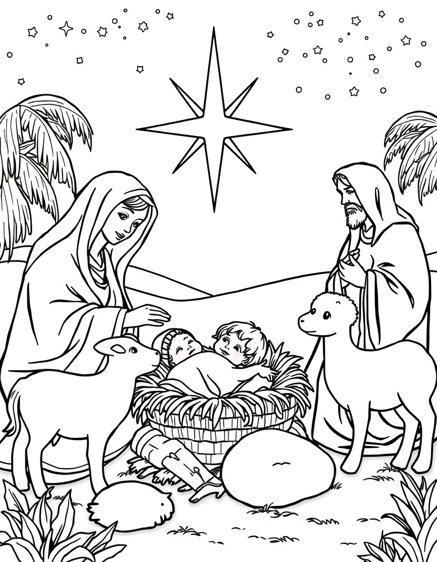 A peaceful night scene showing baby Jesus lying in a manger, surrounded by Mary, Joseph, animals, and the Star of Bethlehem shining above.