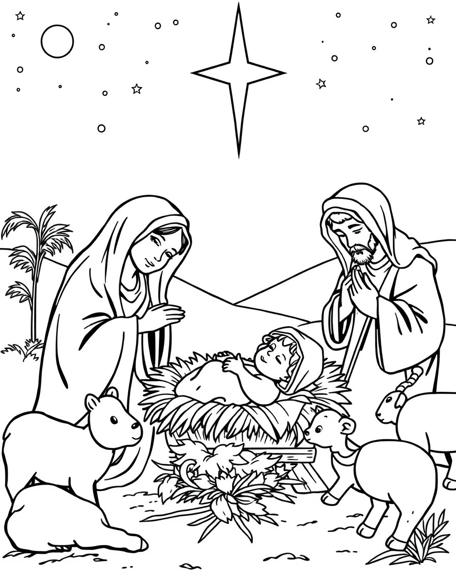 A peaceful night scene showing baby Jesus lying in a manger, surrounded by Mary, Joseph, animals, and the Star of Bethlehem shining above.