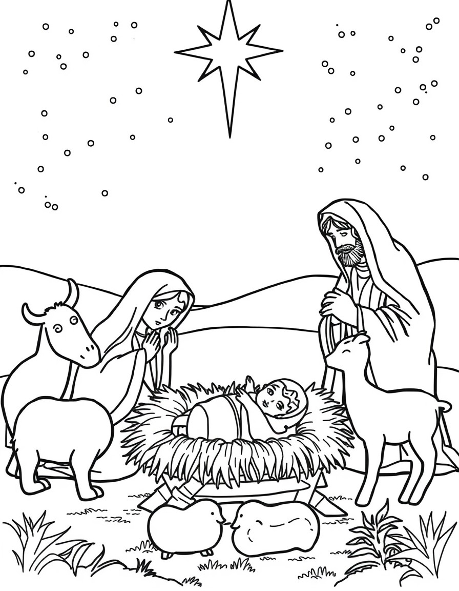 A peaceful night scene showing baby Jesus lying in a manger, surrounded by Mary, Joseph, animals, and the Star of Bethlehem shining above.