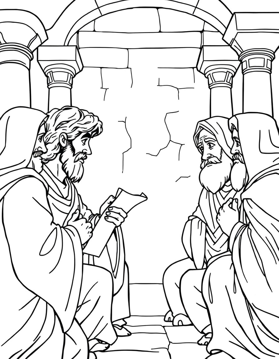 Young Jesus talking with the elders in the temple, with curious expressions and scrolls around them.