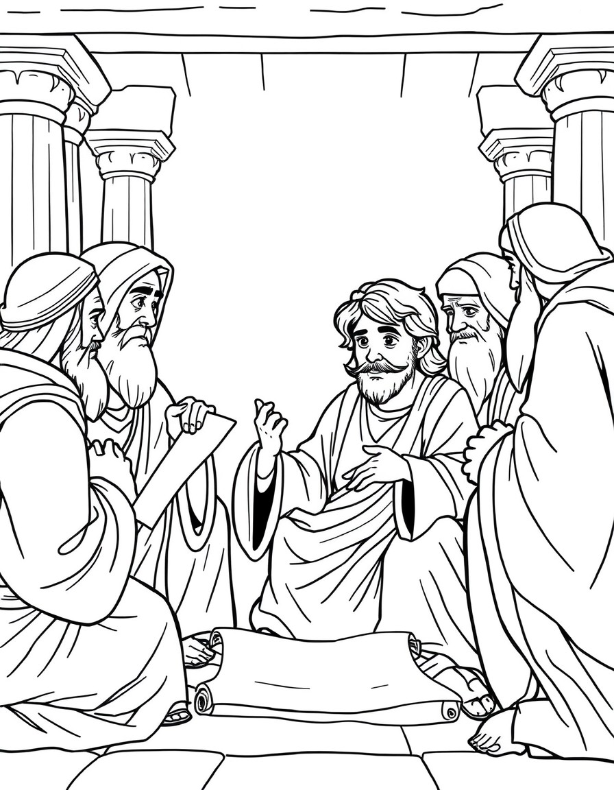 Young Jesus talking with the elders in the temple, with curious expressions and scrolls around them.