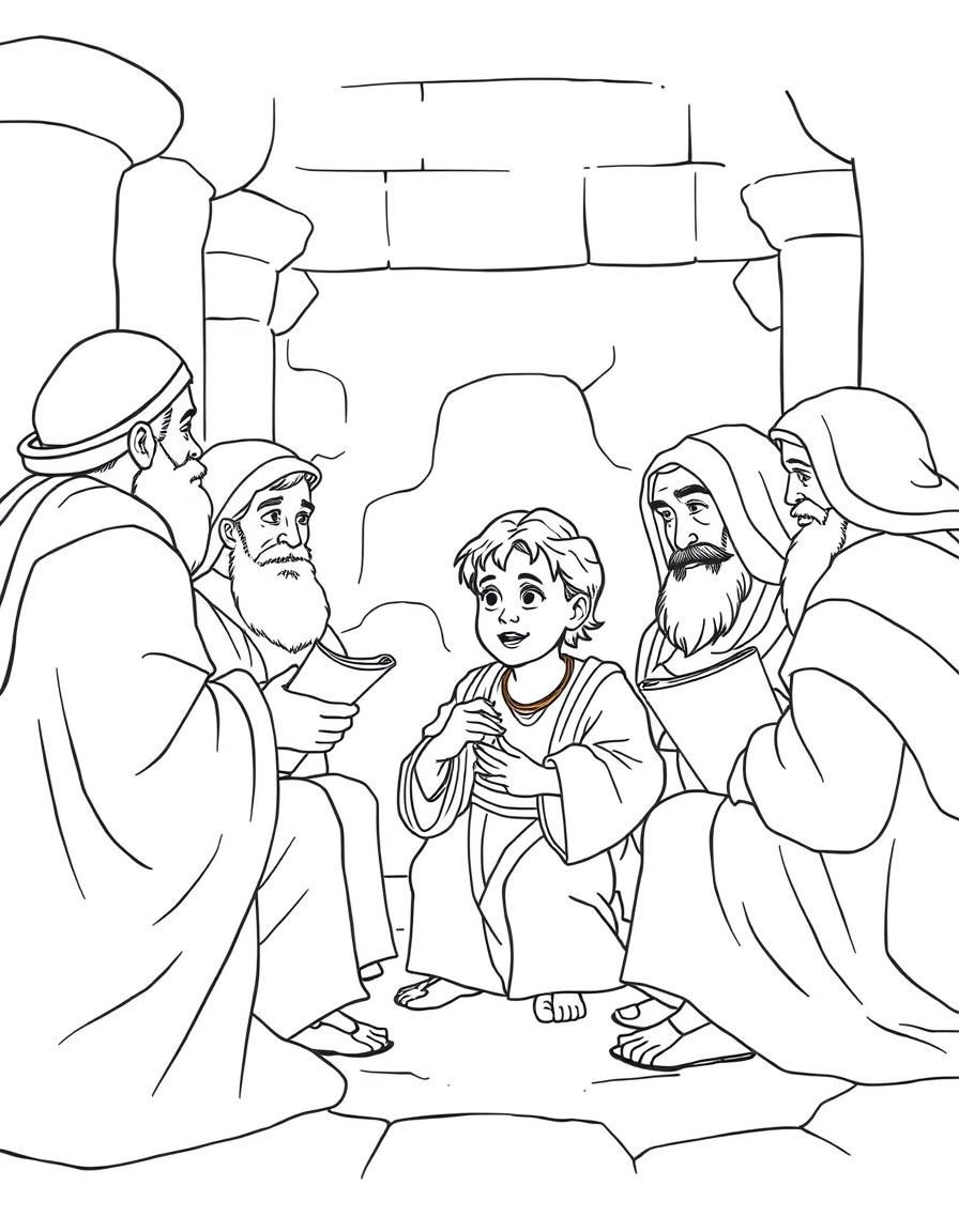 Young Jesus talking with the elders in the temple, with curious expressions and scrolls around them.