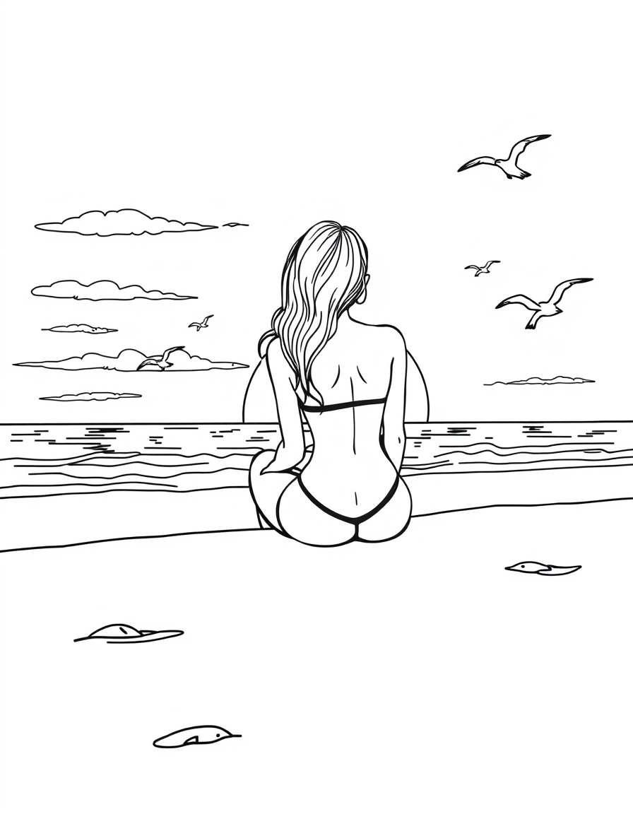 A beach with a woman sitting on her side appreciating the view of the sea on a sunset. She is on her back and on one side there are birds flying