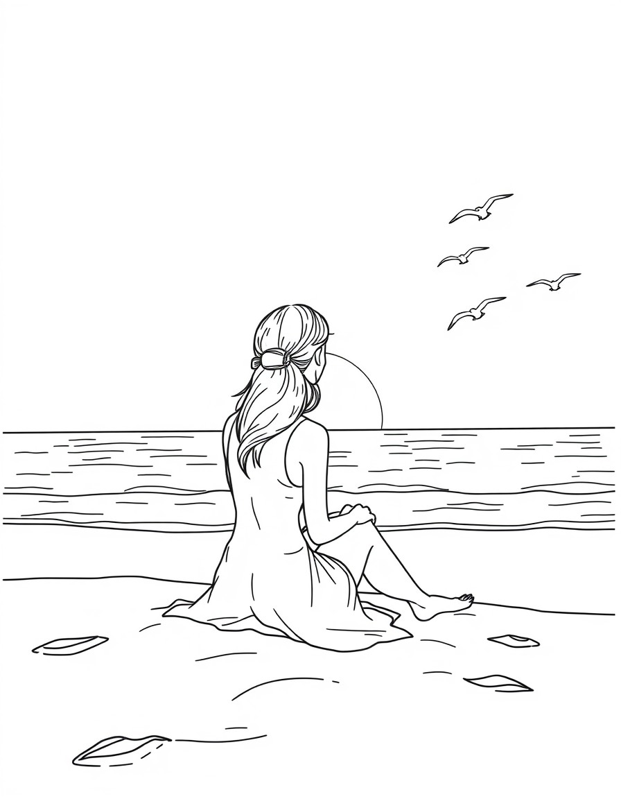 A beach with a woman sitting on her side appreciating the view of the sea on a sunset. She is on her back and on one side there are birds flying