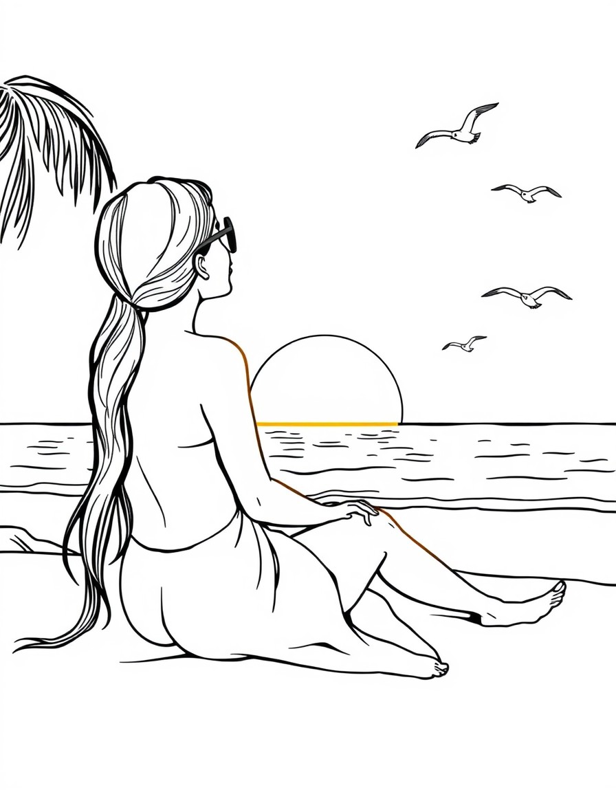 A beach with a woman sitting on her side appreciating the view of the sea on a sunset. She is on her back and on one side there are birds flying