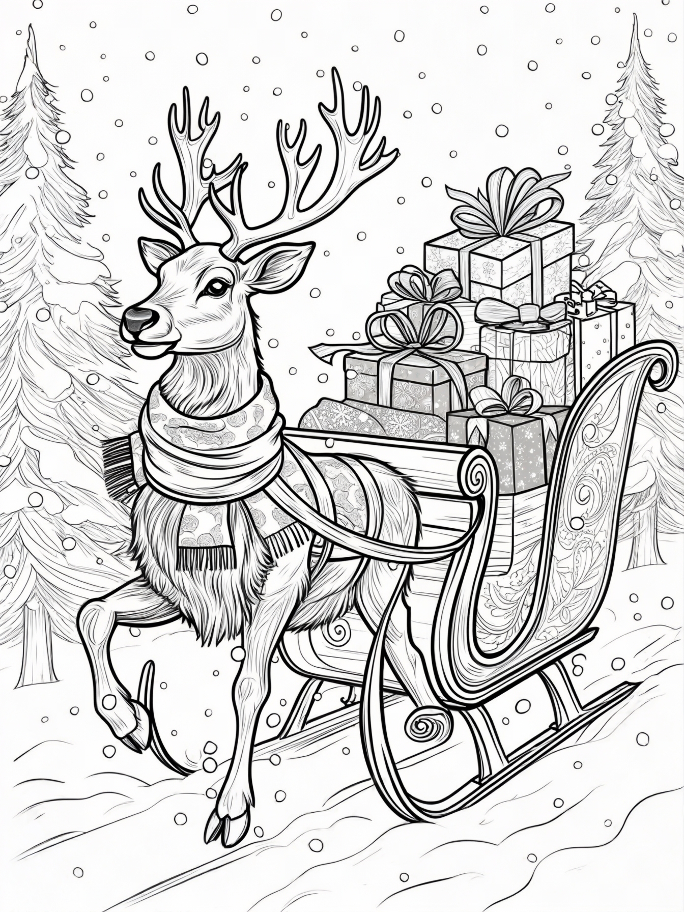 A reindeer wearing a festive scarf and hat, pulling a sleigh filled with presents through a winter wonderland.
