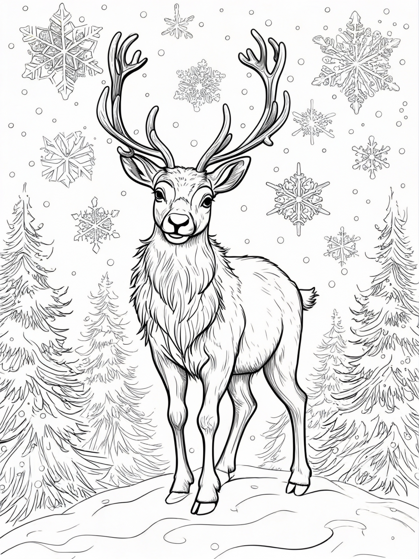 A cheerful reindeer with big, fluffy antlers standing on a snowy hill, surrounded by snowflakes and pine trees.