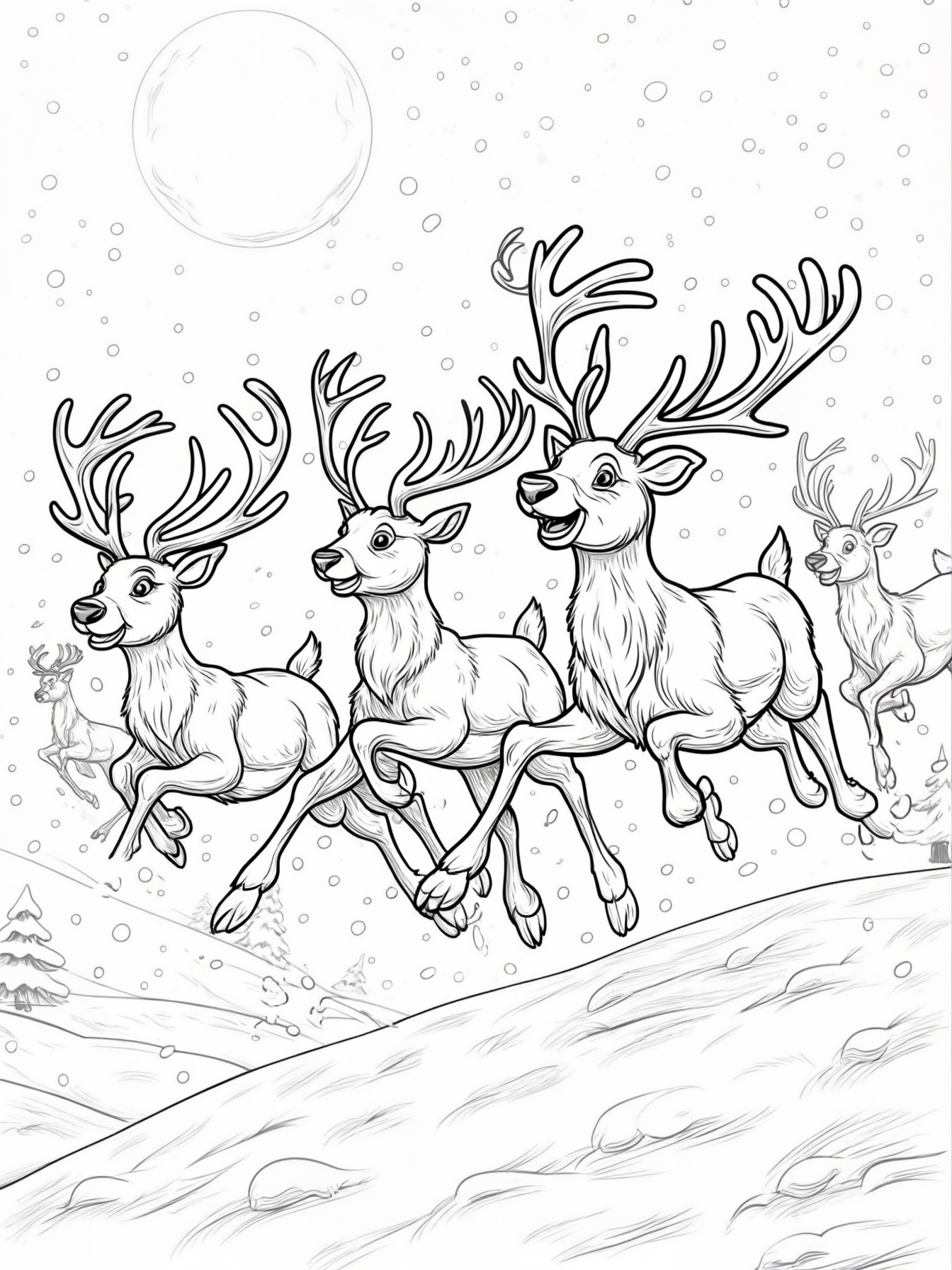 A group of playful reindeer with different antler shapes leaping over a snowy field with a full moon in the background.