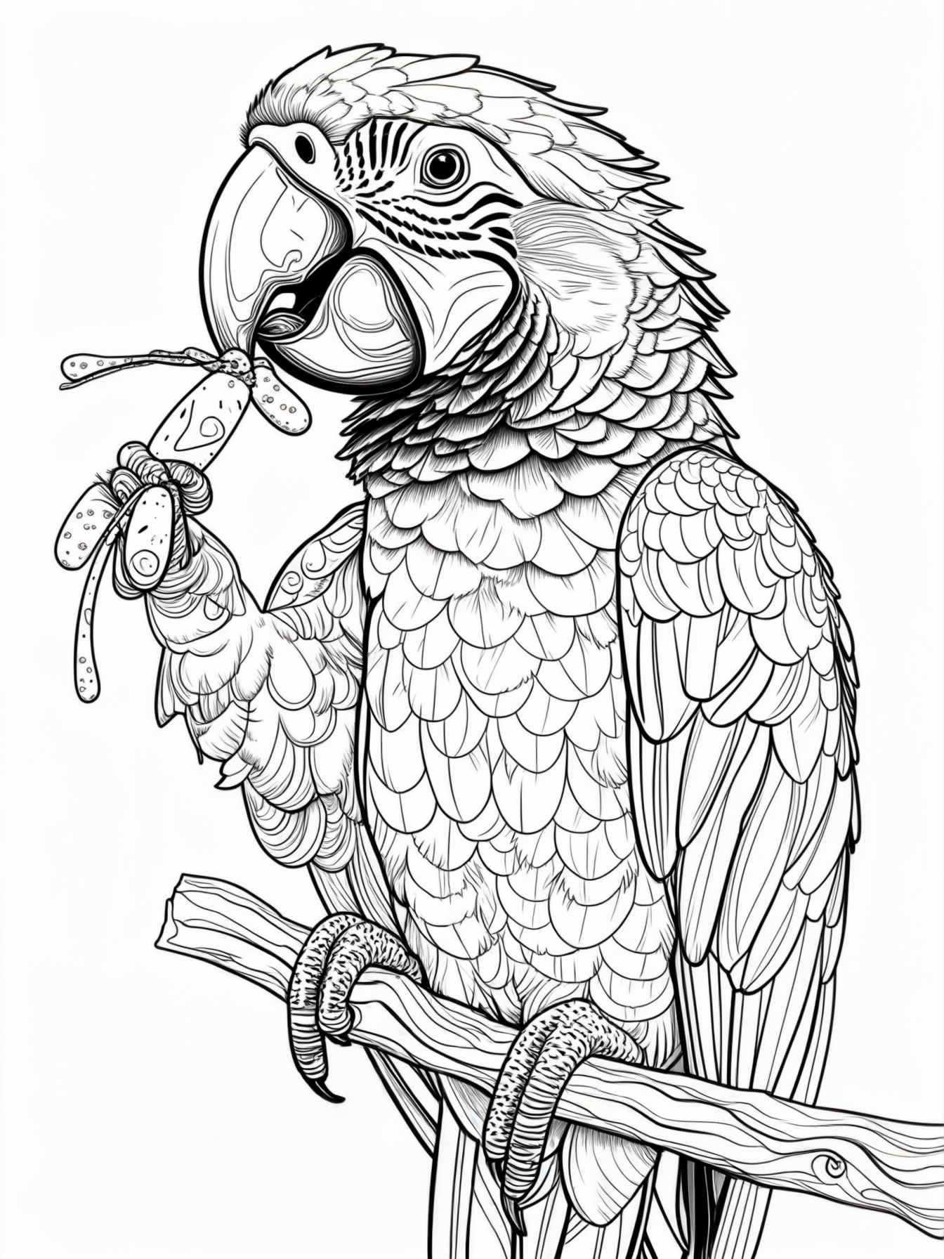 A parrot with a big beak holding a toy in its claw.