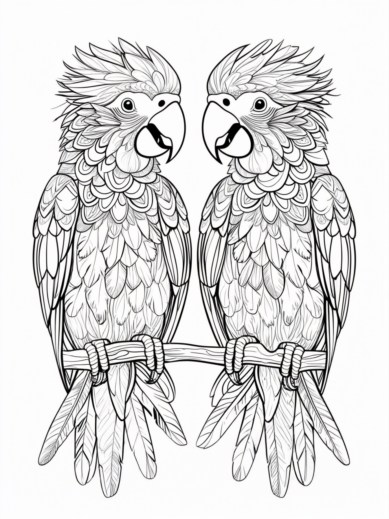 A pair of parrots talking to each other with open beaks.