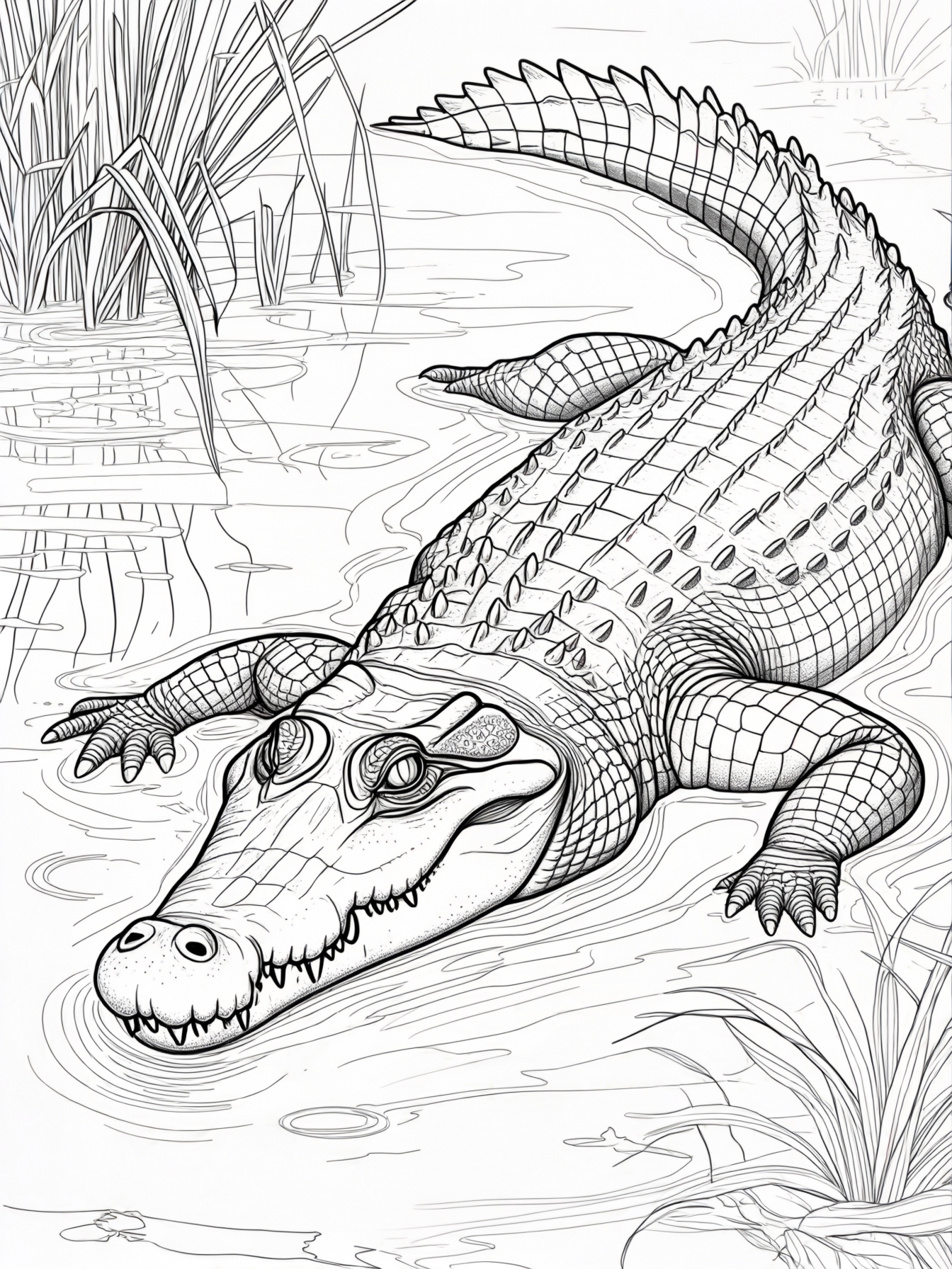 A crocodile swimming in a swamp with its head and eyes peeking above the water surface.
