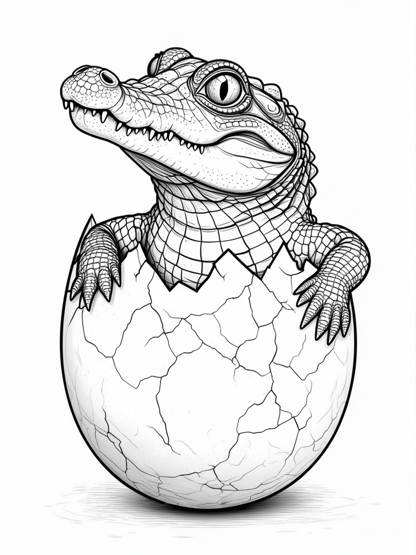 A baby crocodile hatching from an egg with a curious expression and tiny scales.