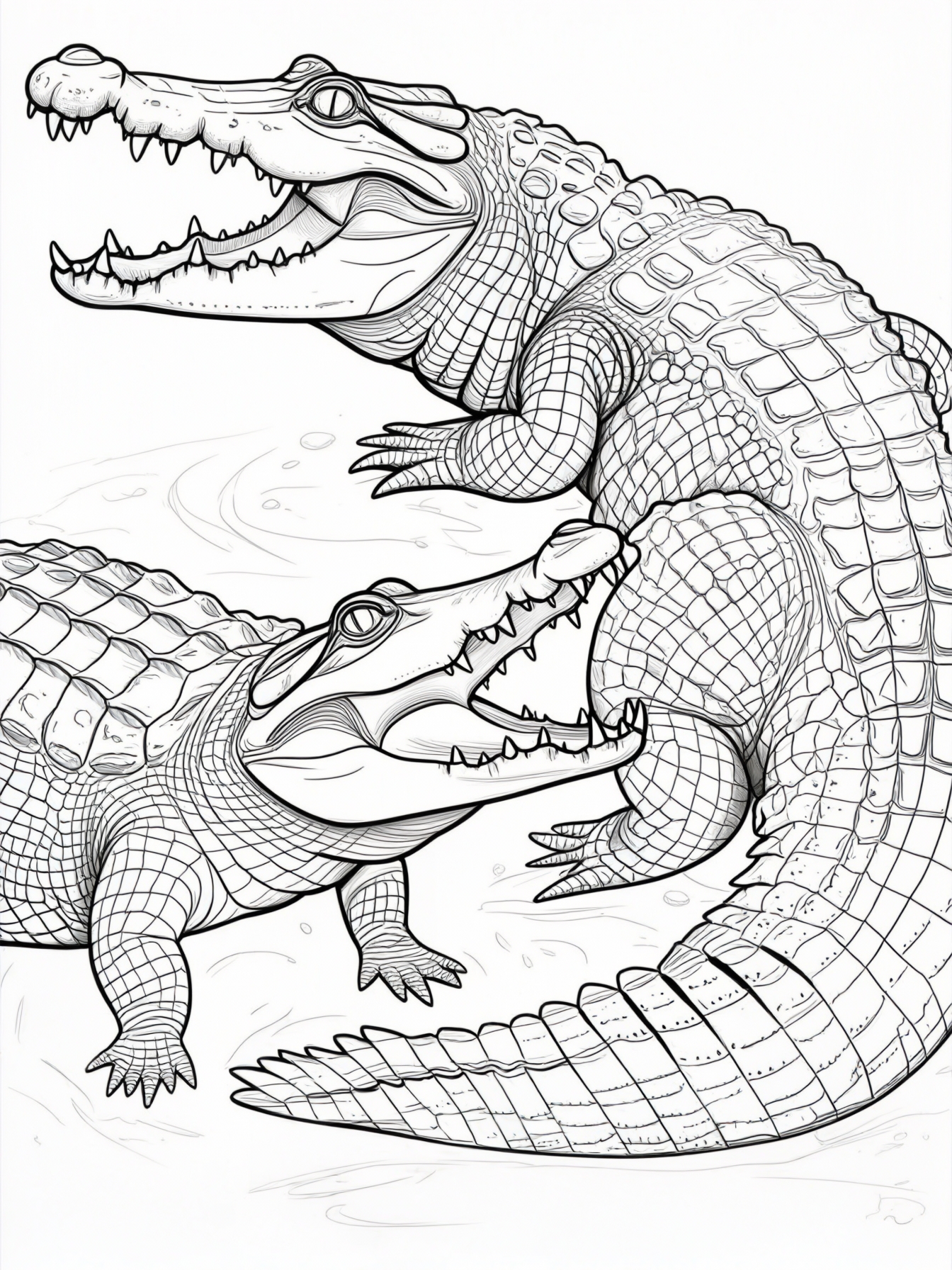 Two crocodiles playing together, one with its mouth open in a playful snap.