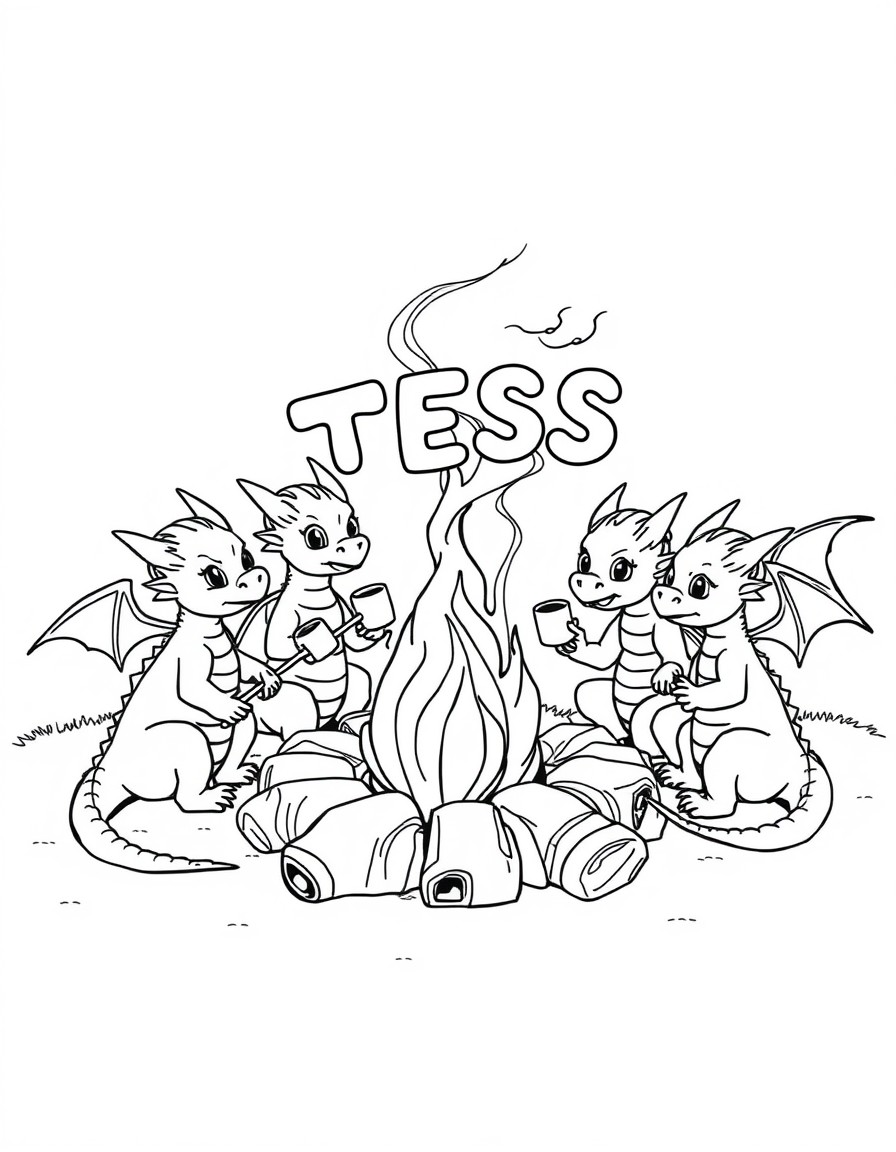 A squad of baby dragons roasting marshmallows around a campfire that spells 'TESS' in smoke