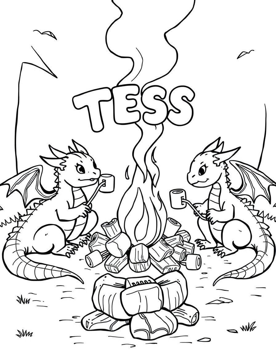 A squad of baby dragons roasting marshmallows around a campfire that spells 'TESS' in smoke