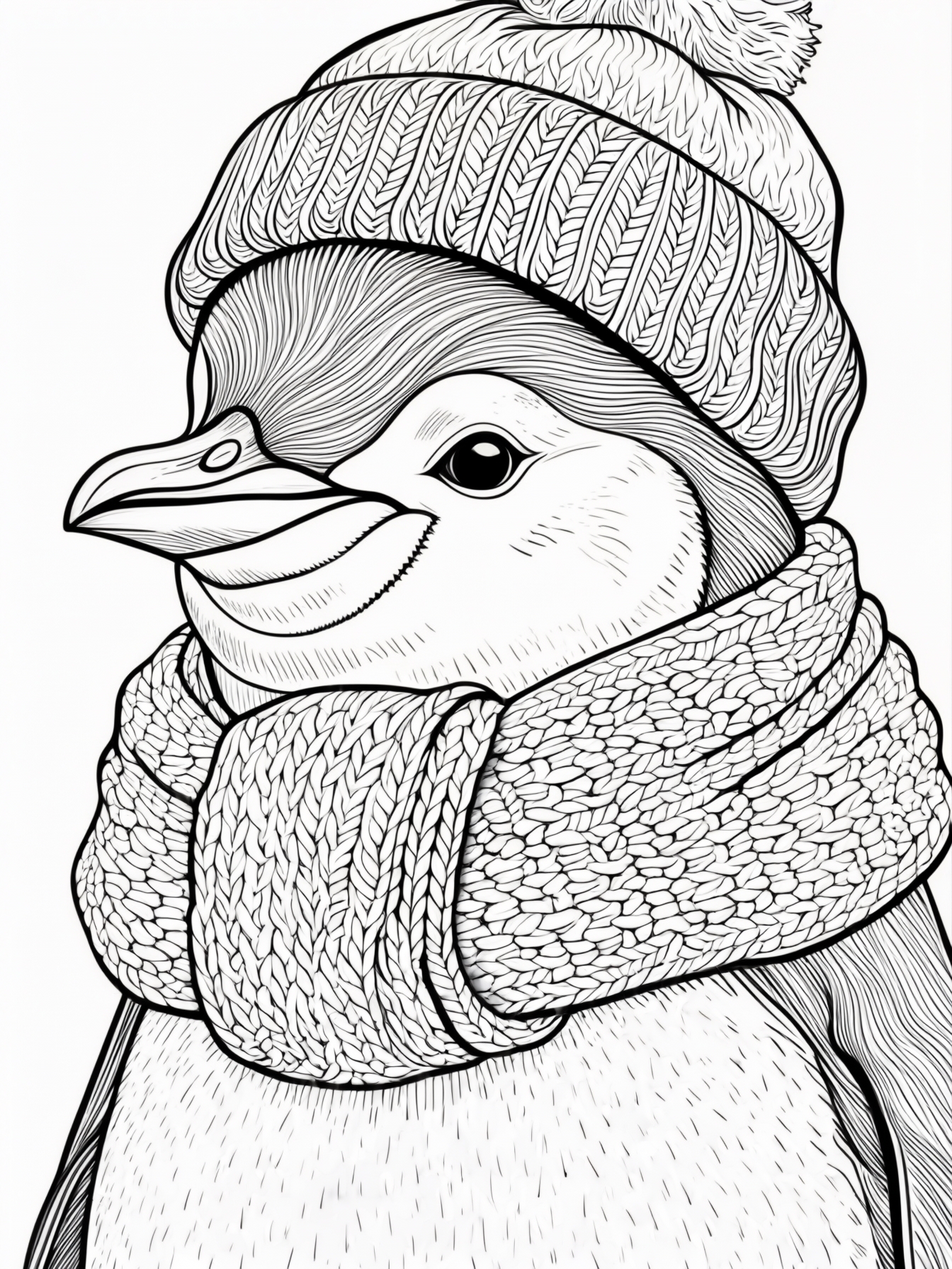 A close-up of a penguin wearing a scarf and a hat.