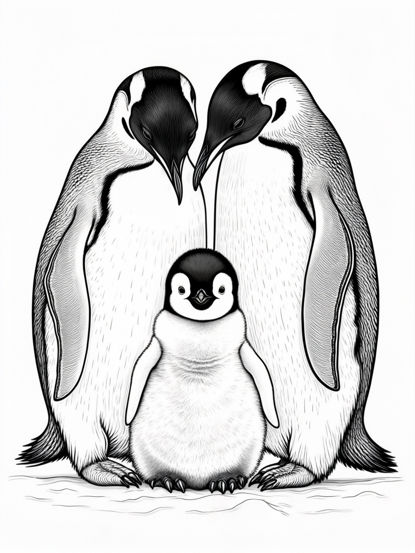 A family of penguins huddled together with a baby penguin in the middle.